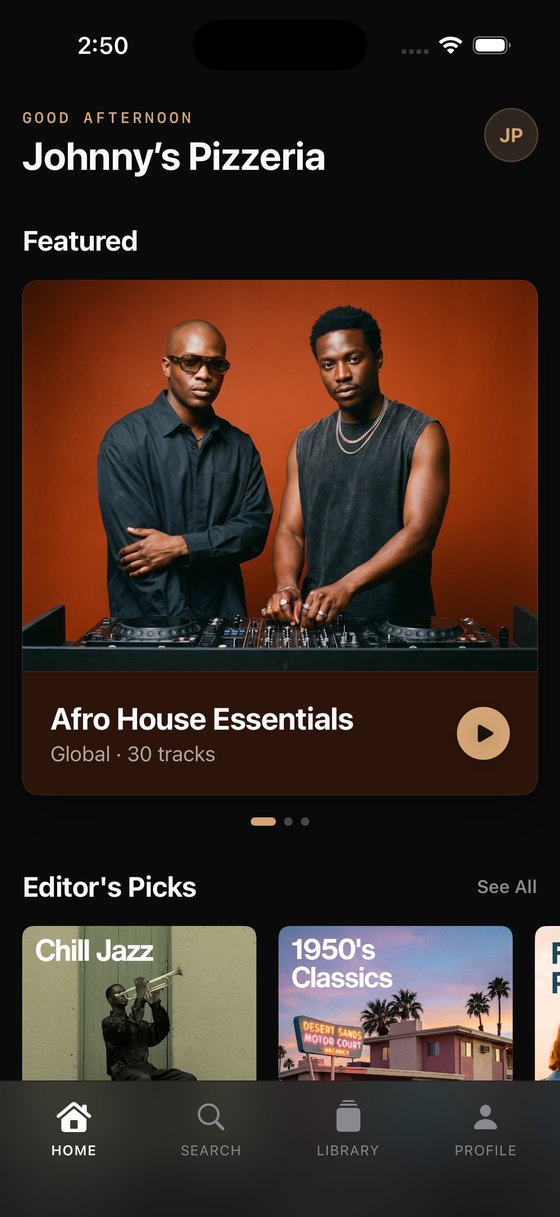 Calypto for Business home screen showing the featured Afro House Essentials playlist and Editor's Picks
