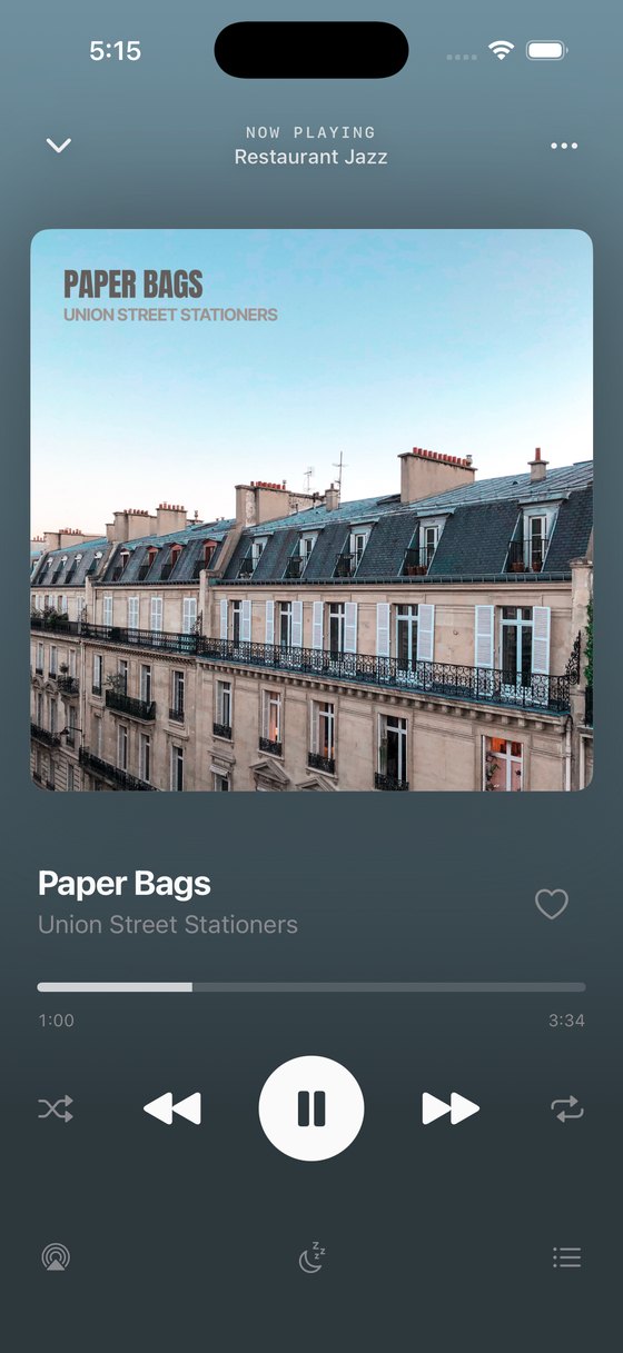 Now Playing screen: Paper Bags by Union Street Stationers from Restaurant Jazz
