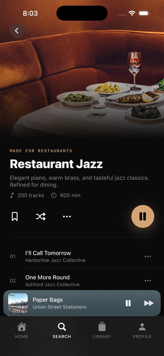 Restaurant Jazz playlist page: 200 tracks, 600 minutes, made for restaurants