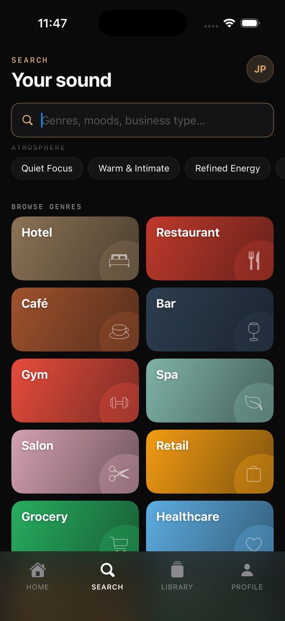 Search screen with atmosphere filters and venue categories: Hotel, Restaurant, Café, Bar, Gym, Spa, Salon, Retail